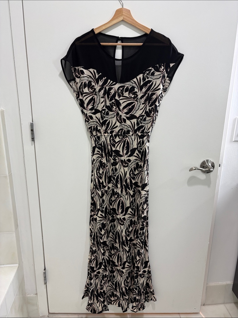 Elegant Black and Cream Floral Maxi Dress with Sheer Black Yoke